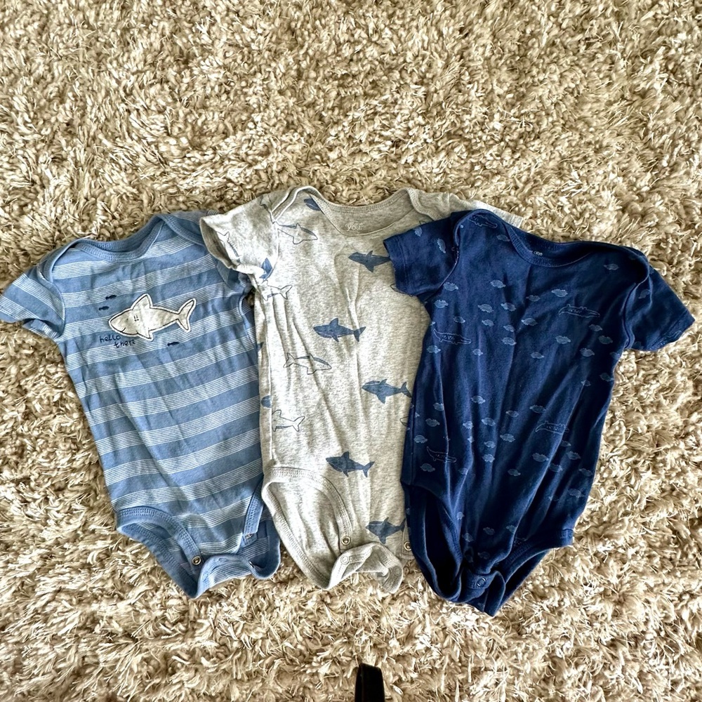 Carters Blue and Gray Shark Print Baby Onesies Size 12 months EUC